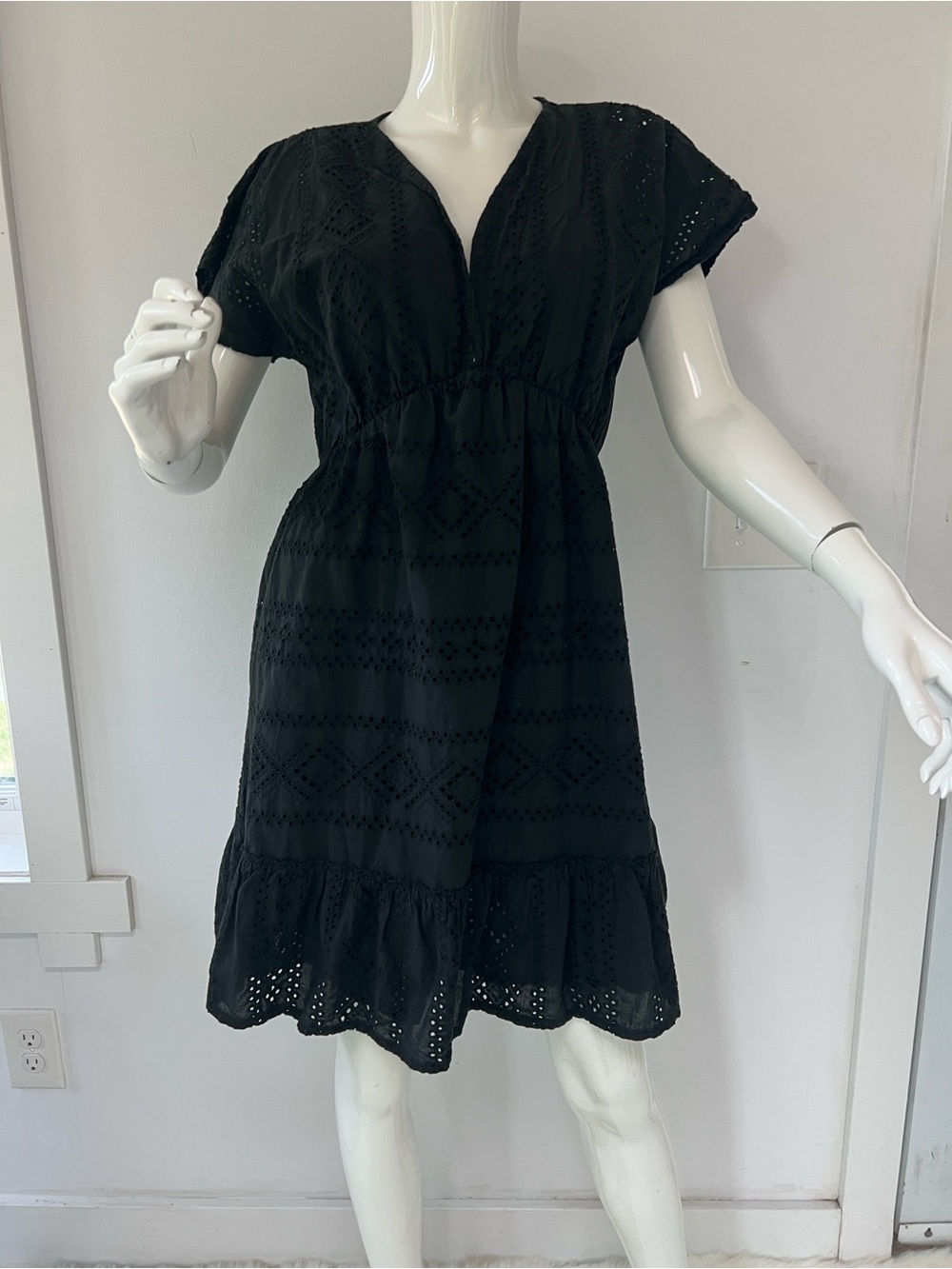 Black Eyelet V-Neck Mini Dress 100% cotton Made in Italy vacation